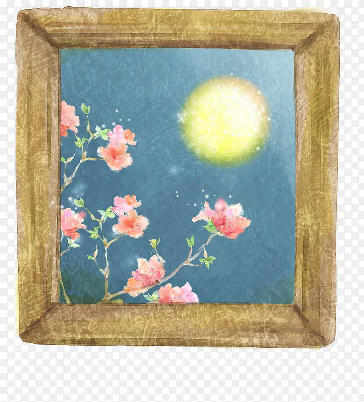 手绘木纹相框花朵月亮