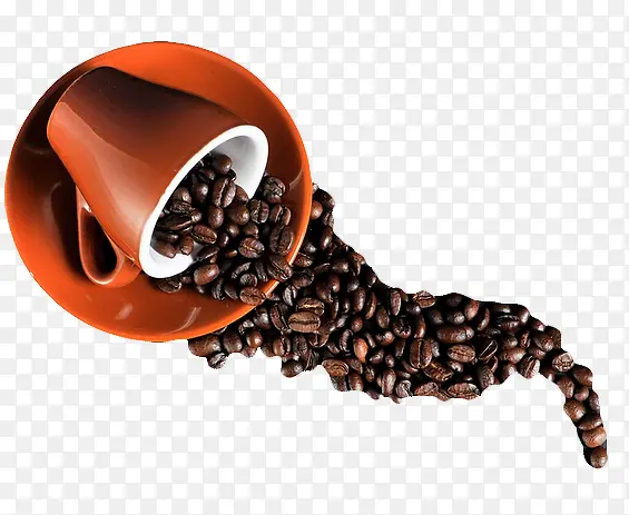 咖啡杯倒翻的咖啡豆组成猫尾巴