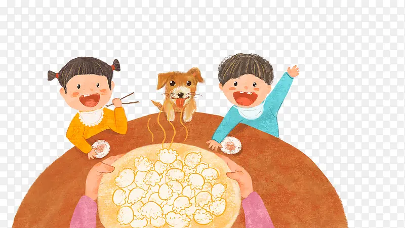 手绘卡通插画春节吃饺子