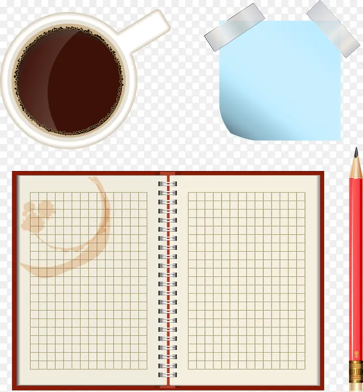 矢量木桌上的咖啡和记事本