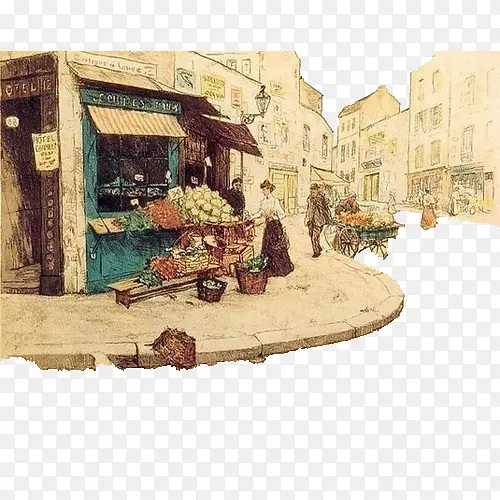 手绘小铺欧式街道