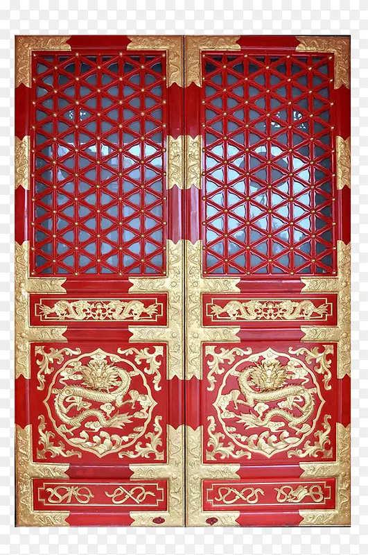 中国传统镶金镂空雕刻大红门