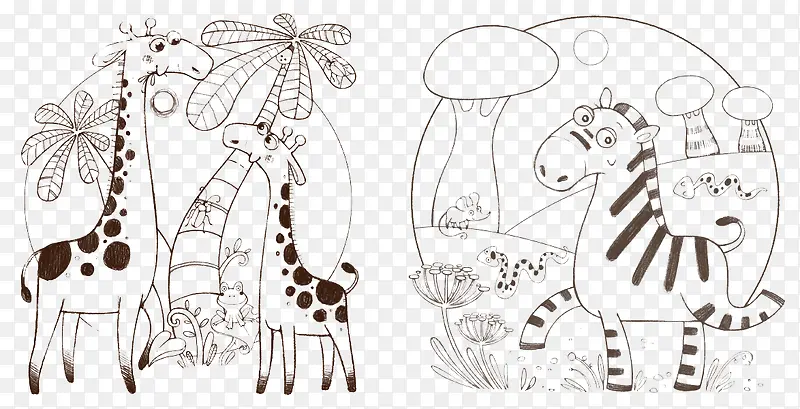 线稿长颈鹿和斑马