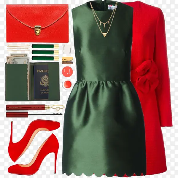 绿色连衣裙和红色外套
