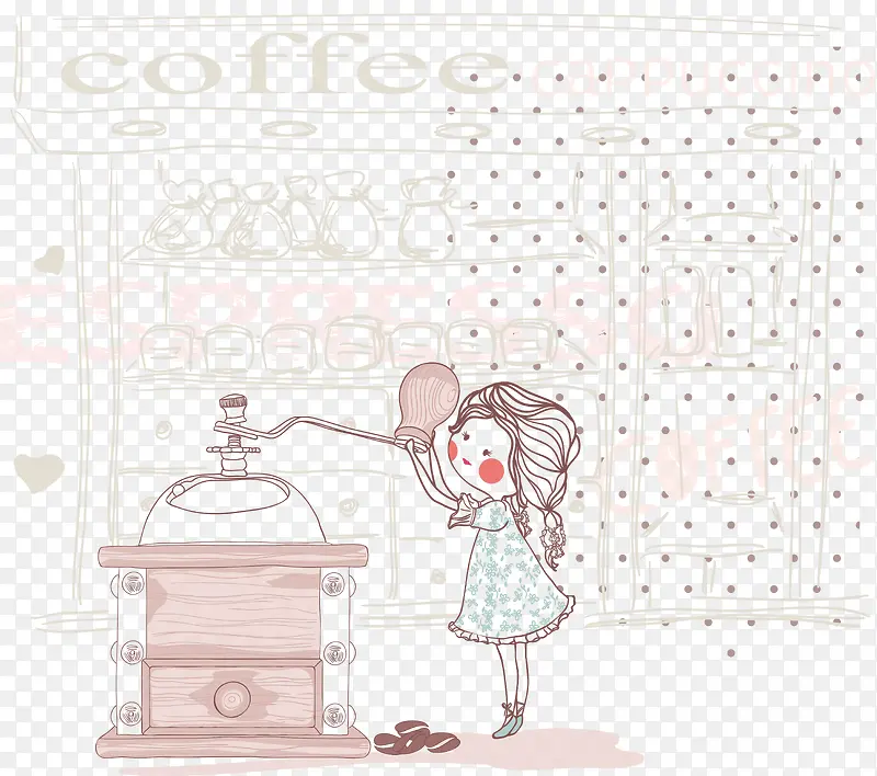 清新手绘磨咖啡豆女孩