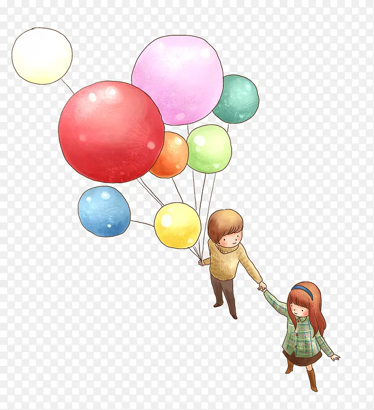 男孩牵女孩手放气球素材