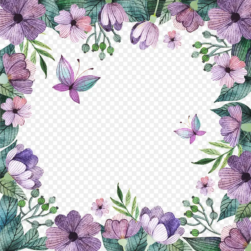 紫色鲜花蝴蝶边框装饰矢量素材