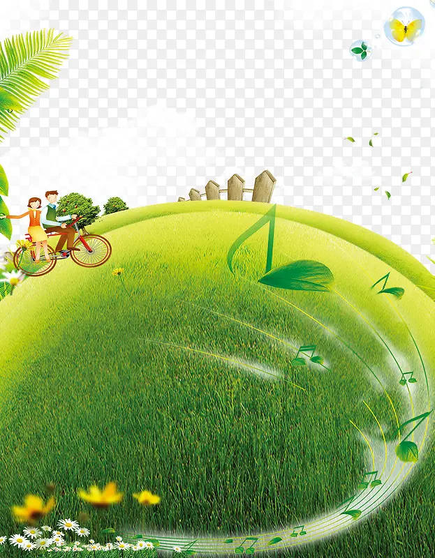 绿色草地情侣骑自行车装饰背景