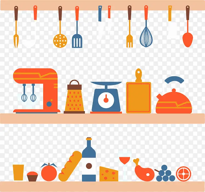 彩色架子上的厨具和食物矢量图
