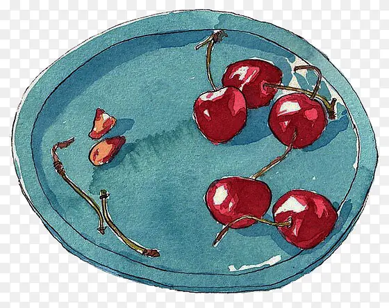 手绘蓝色盘子和樱桃