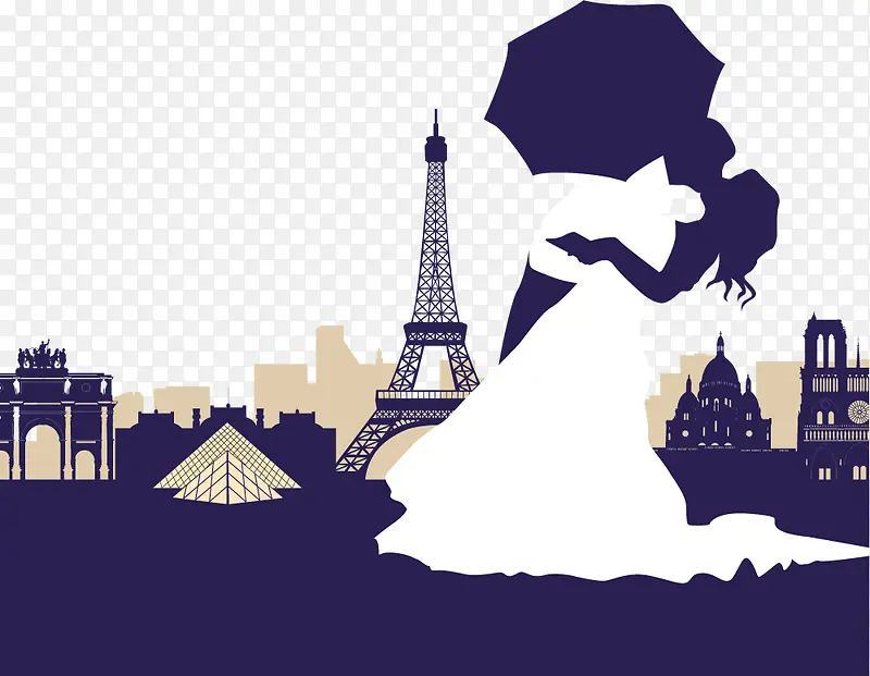扁平巴黎铁塔前的新郎新娘