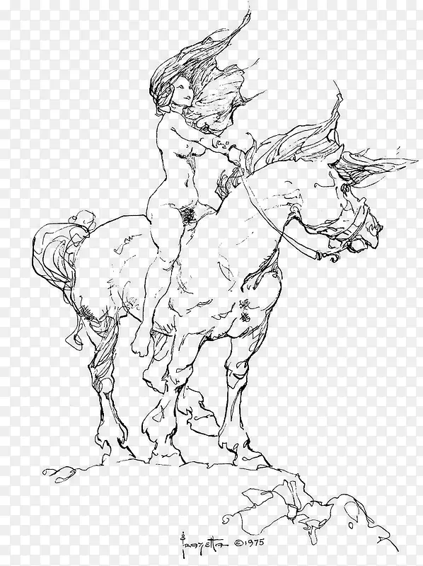 骑马人素描风中骑马的女人