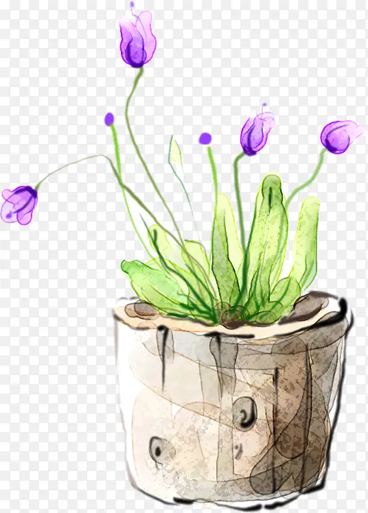 卡通手绘紫色花朵 清新花盆