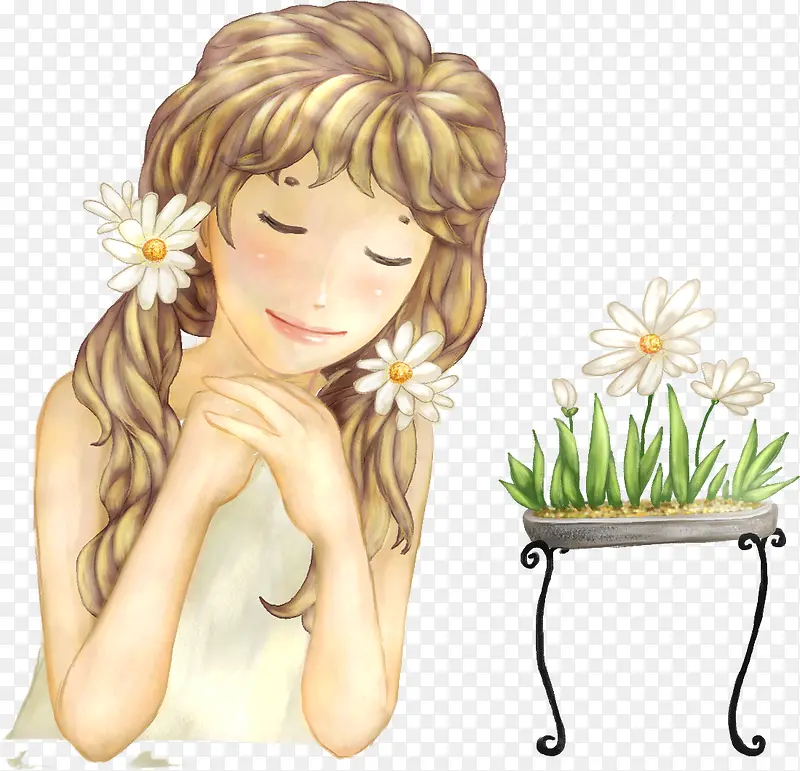 手绘白色花朵植物发饰女孩漫画