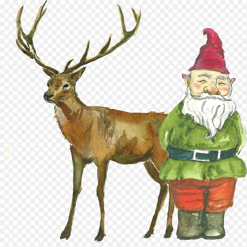 手绘圣诞老人与麋鹿