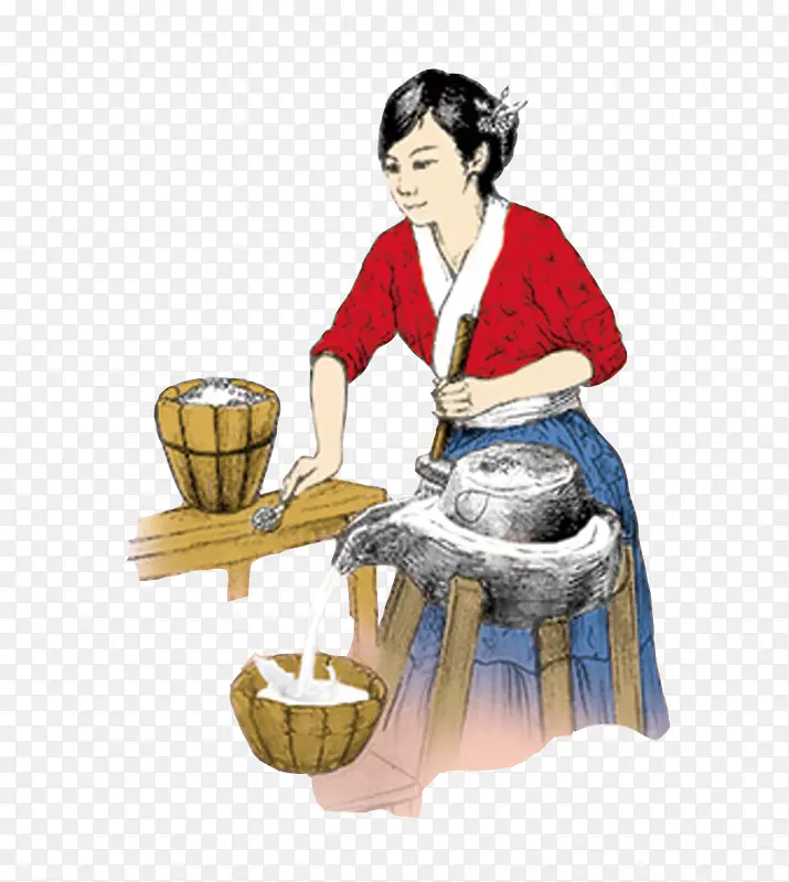 手绘古典磨豆浆的女人