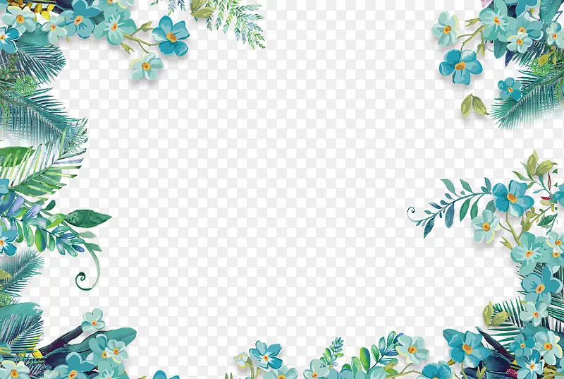 蓝色清新花朵树叶装饰图案