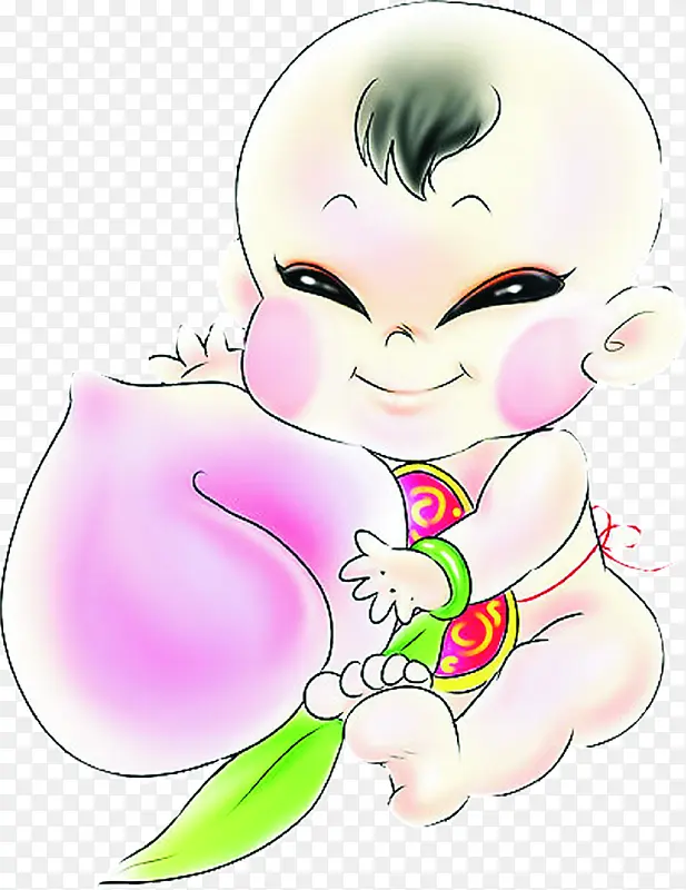中国画抱桃子的小孩中秋
