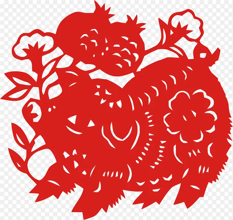 红色传统猪年剪纸装饰图案