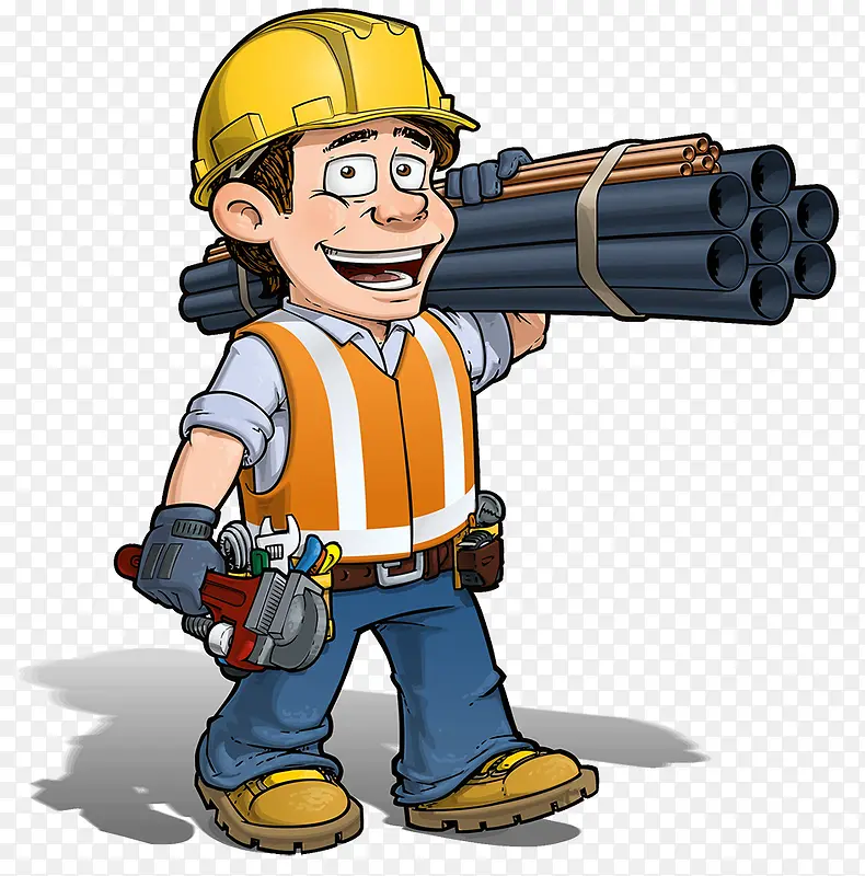卡通人物装修工人扛着管子手拿工