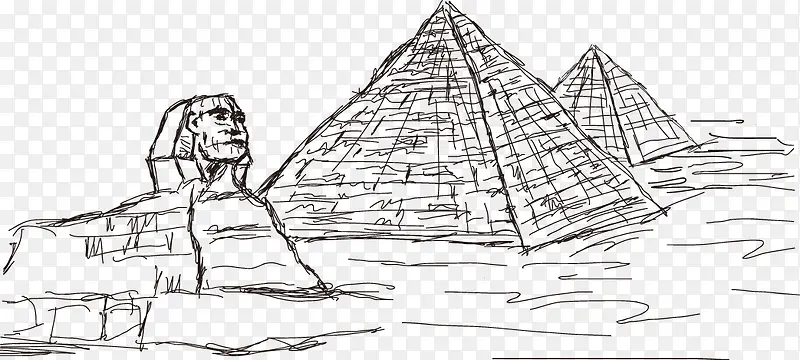 矢量古埃及金字塔狮身人面像线稿