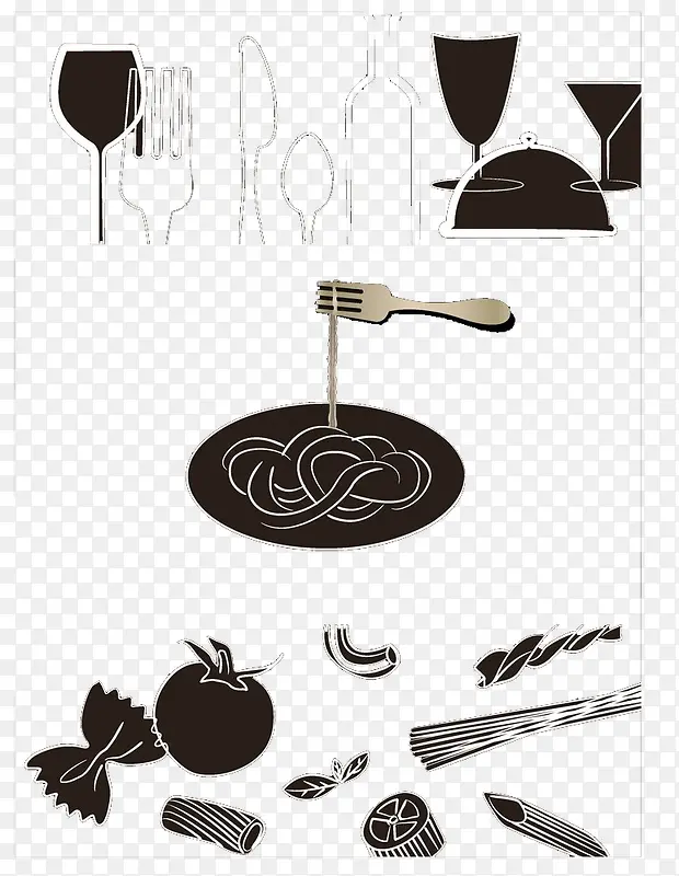 黑白食物餐具卡通画