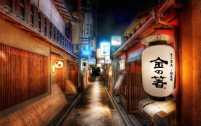 日本传统建筑街道灯笼夜景
