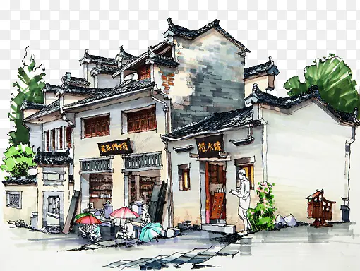 江南风建筑手绘素材