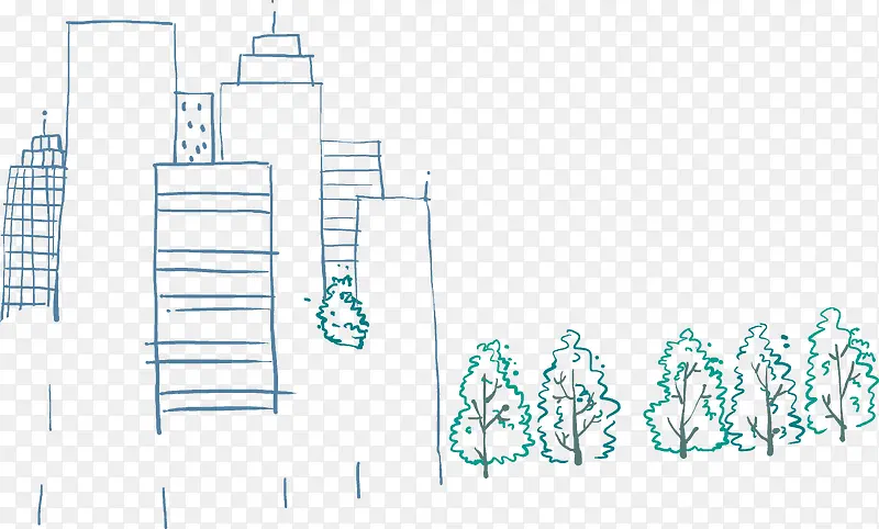手绘蓝绿色线条城市
