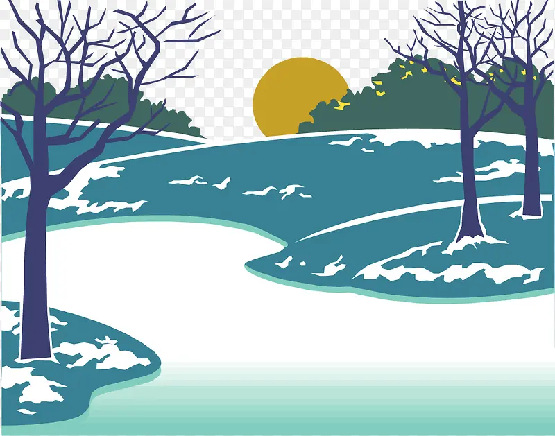 矢量手绘落日下的雪地