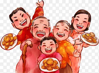 手绘喜庆一家人吃月饼装饰图案