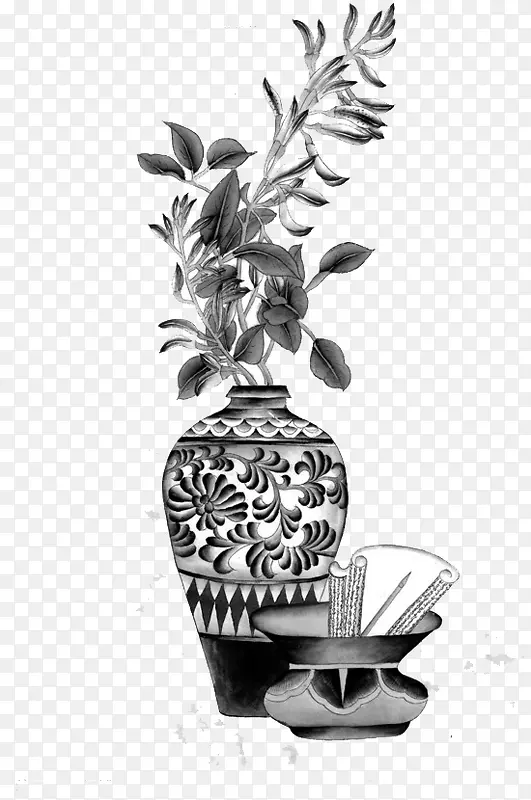 手绘花瓶和花