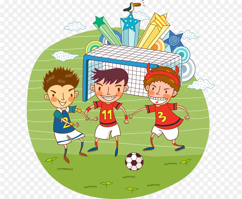 卡通矢量彩色踢足球三个小男孩