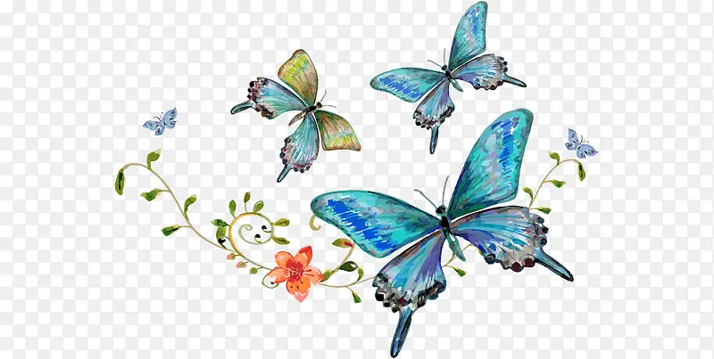 卡通手绘水彩蓝色蝴蝶花朵