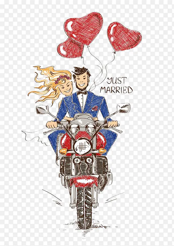 骑摩托车的新人夫妻插画图片