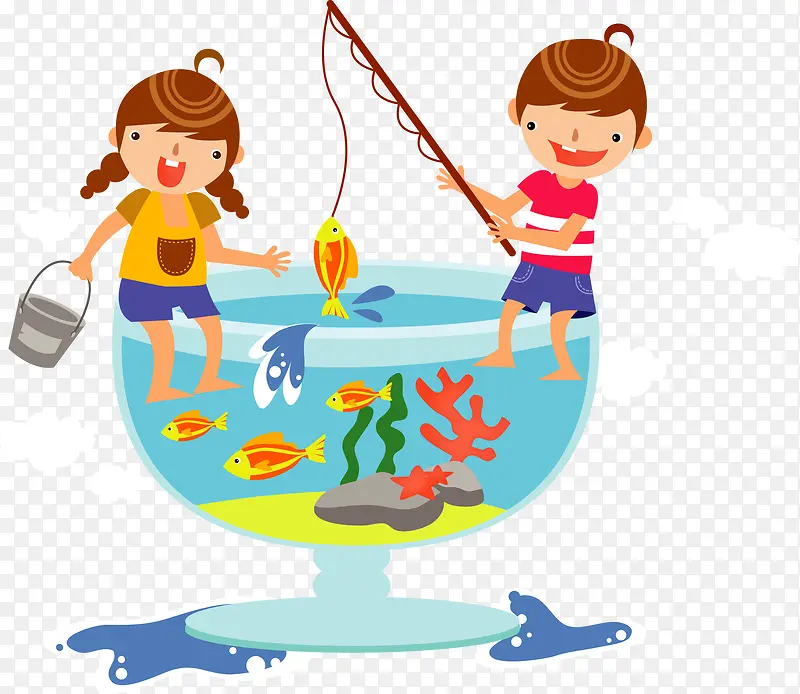 矢量鱼缸上面钓鱼的儿童