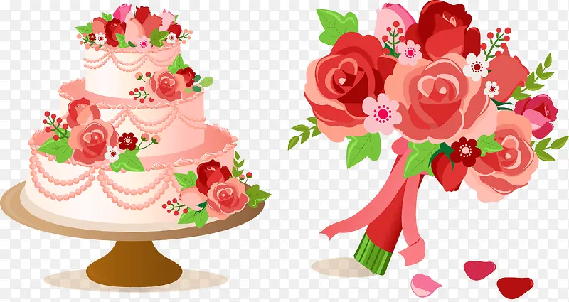 矢量手绘花朵蛋糕和手捧花