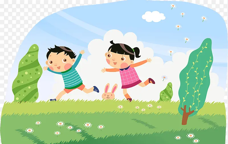 可爱卡通插图草地上奔跑的孩子