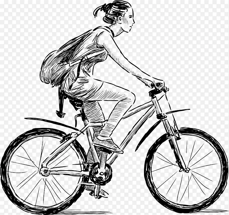 手绘年轻女士骑自行车
