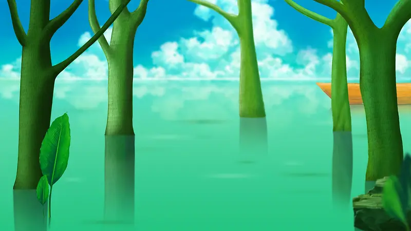 绿色卡通水中树林海报背景