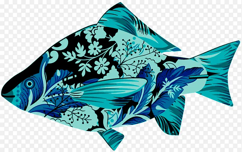 蓝绿色彩绘花纹鱼效果元素