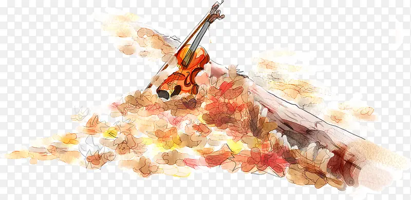 手绘秋日漫画小提琴美景