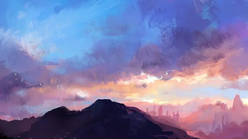 彩绘天空蓝色紫色山顶夕阳