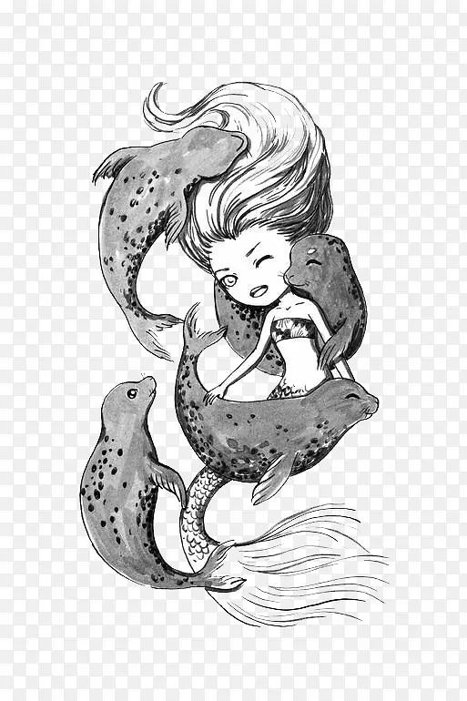 黑白手绘插画美人鱼与海豚