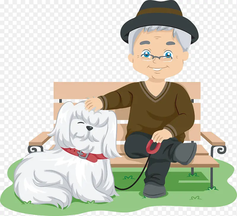 遛狗坐在条椅上休息的老人