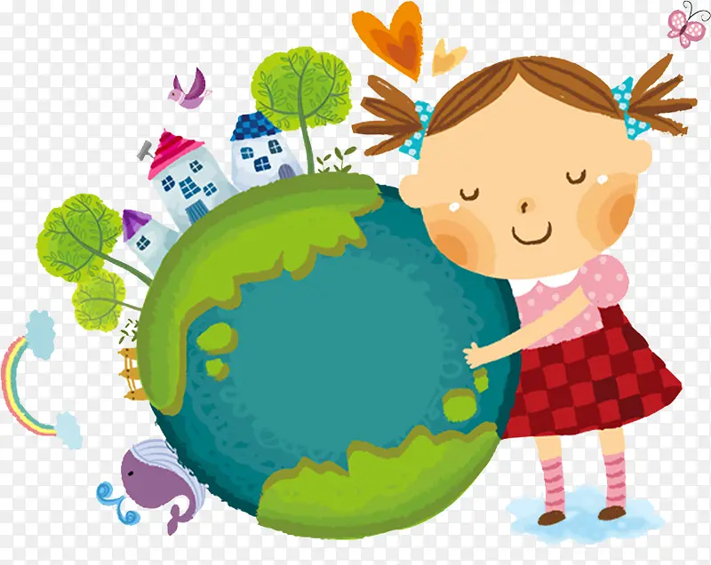 卡通小女孩拥抱地球