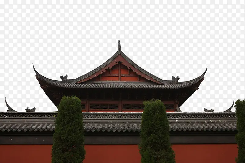 日式红墙对称雕刻墙檐