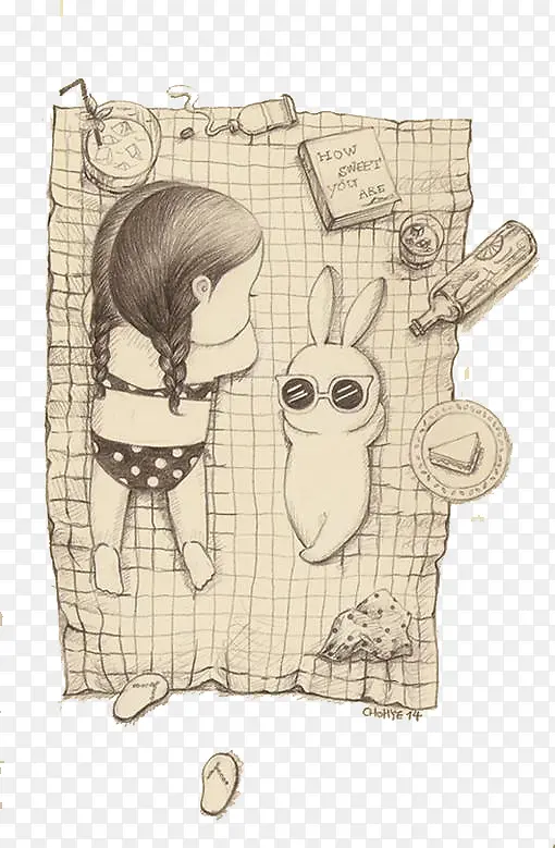 手绘女孩与兔子
