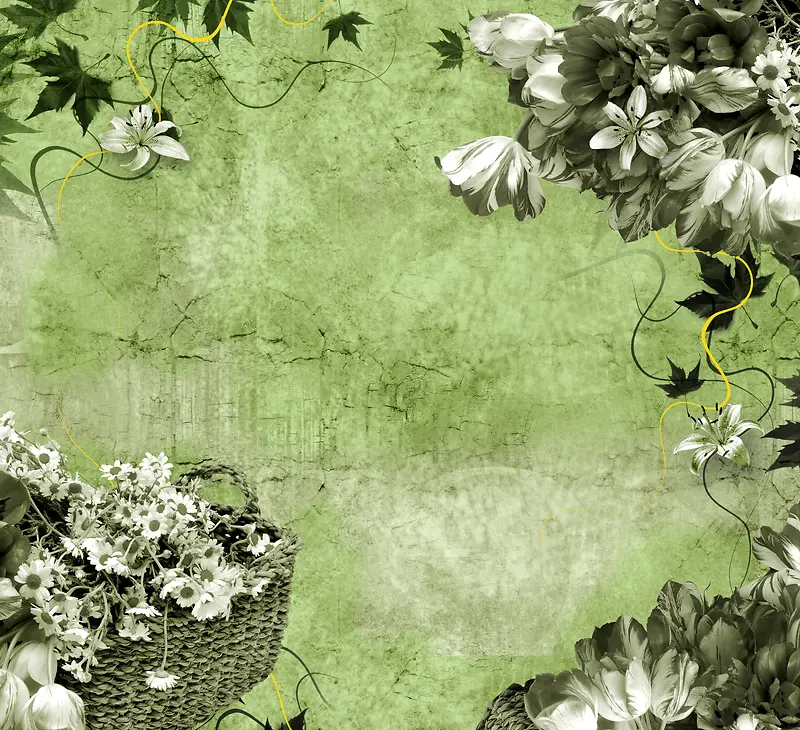 绿色学景下的手绘花朵