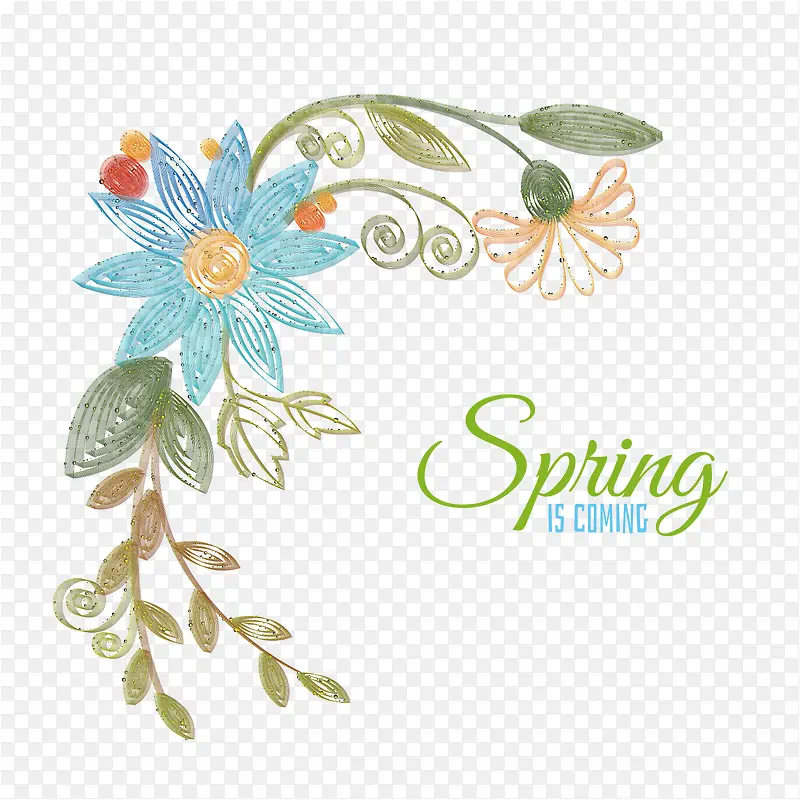 春季蓝色立体花朵插画矢量图